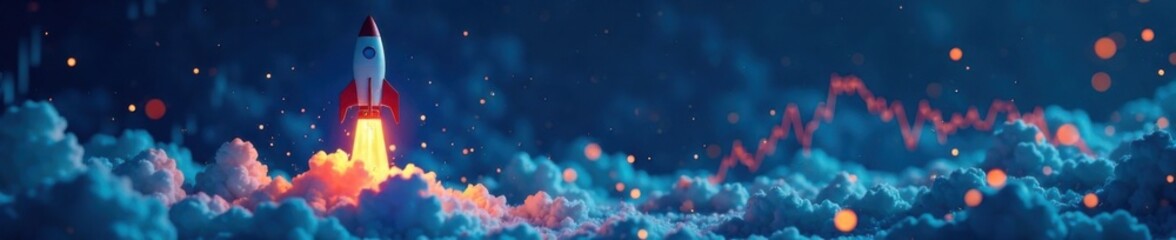 Obraz premium Rocket blasting off from a launchpad amidst financial charts and graphs on a blue background , graphs, rocket