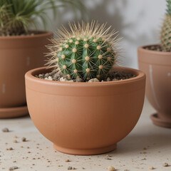 Cactus Elegance: A close-up shot presents a spiky, vibrant green cactus, thriving in a simple terracotta pot, inviting a sense of natural beauty and resilience.