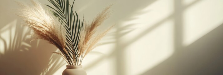 Boho chic floral arrangement in vase with soft lighting creating a calming minimalist scene against a neutral wall background