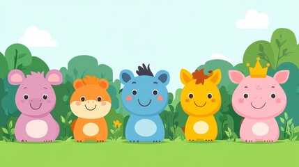 Naklejka premium Delightful pixelated animals gather in a verdant meadow perfect for children's designs creating a fun and inviting scene for educational resources