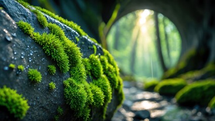 Mossy Rock in Forest with Sunlight Streaming Through Tree Canopy