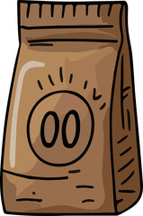 A simple, flat illustration of a brown paper coffee bag with a circle and "00" marking. Coffee packaging design.