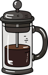 A simple, flat illustration of a French press coffee maker with dark brown coffee inside. Brewing coffee equipment design.