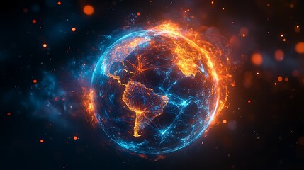 Obraz premium Fiery Globe Symbolizing Global Warming, A fiery globe with glowing continents, symbolizing global warming