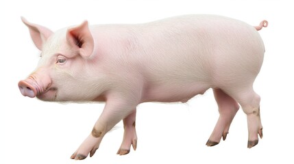 A light pink pig, standing straight on all four legs, with a slightly upturned snout, isolated on crisp white, with no shadows or reflections