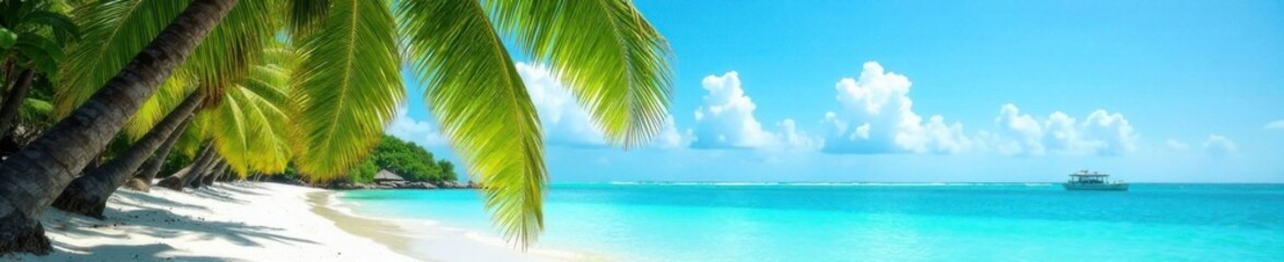Fototapeta premium Seaside scene with swaying palms and turquoise water, beach, palm trees, film effect