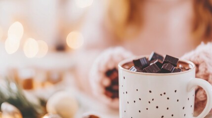 A warm cup of hot chocolate with chocolate pieces sits on a table, surrounded by festive decor??"a perfect cozy winter vibe