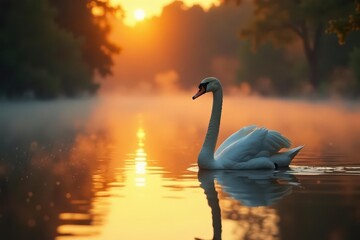 Fototapeta premium Golden hour light, swan's silhouette on misty water, sky, majestic