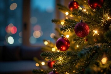 Obraz premium Shimmering Christmas tree with sparkling ornaments and twinkling lights amidst a blur of shiny reflections, christmas tree, baubles, ornate details