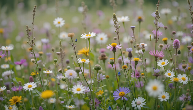 Nature's Tapestry: A vibrant array of wildflowers and plants blossoms freely, creating a visual spectacle of color, life, and the delicate beauty of a natural meadow.