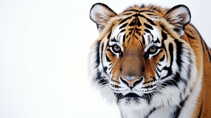 Fototapeta premium Majestic tiger portrait isolated on a white background beautiful wildcat face showing intricate details and striking orange and black markings for nature and wildlife designs 