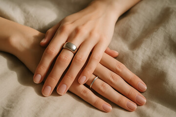 Close-up de m&atilde;os femininas com an&eacute;is de prata sobre linho claro, estilo minimalista e elegante