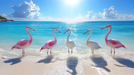 Obraz premium Sunlit shore ambiance exotic bird assemblage tranquil waterscape breathtaking ocean view tropical paradise getaway coastal serenity azure sky vista