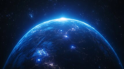 Obraz premium Glowing Digital Earth with Network Lines, A glowing digital representation of Earth with visible continents and network lines