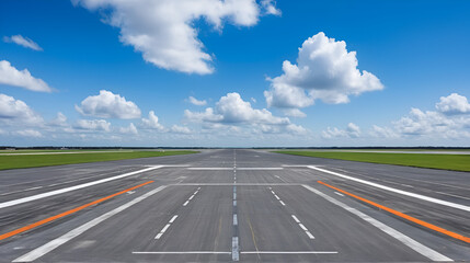 Fototapeta premium Wide view of an empty airport runway under a blue sky with clouds, ready for takeoff or landing in clear weather conditions.