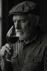 Retrato em preto e branco de idoso cheirando taça de vinho tinto com expressão contemplativa