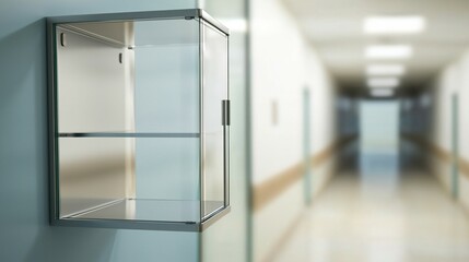 Empty glass medicine cabinet in hospital setting with open doors and shelves, symbolizing healthcare crisis, drug shortages,medical supply issues. Healthcare system challenges and hospital resources