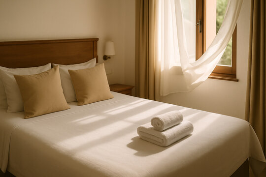 Quarto de hotel minimalista com cama arrumada e luz do sol entrando pela janela de madeira