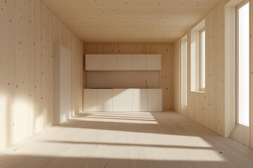 Minimalist kitchen interior with light wooden panels on the walls and white cabinets.