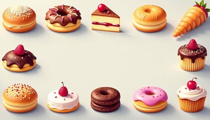 Assorted bakery items in vector style with pastel colors and modern typography, template, vector