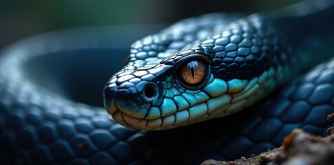 Obraz premium Snake's eyes are piercing with vertical pupils, surrounded by scales of dark blue and black, snake eyes, reptile wildlife