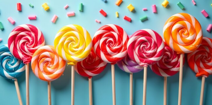 Assorted colorful lollipops creating a beautiful design, vibrant, stick candy, treats