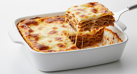 A portion of homemade lasagna is being lifted from a baking dish, with a spatula.