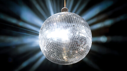 A sparkling disco ball hanging from the ceiling, casting vibrant light rays across a dance floor