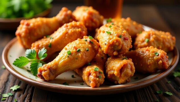 Assorted fried chicken wings and drumsticks with seasoning and herbs, drumsticks, herbs