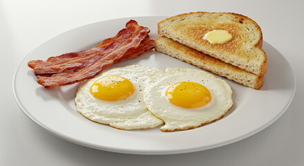 A classic breakfast featuring fried eggs, crispy bacon, and buttered toast on a plate.