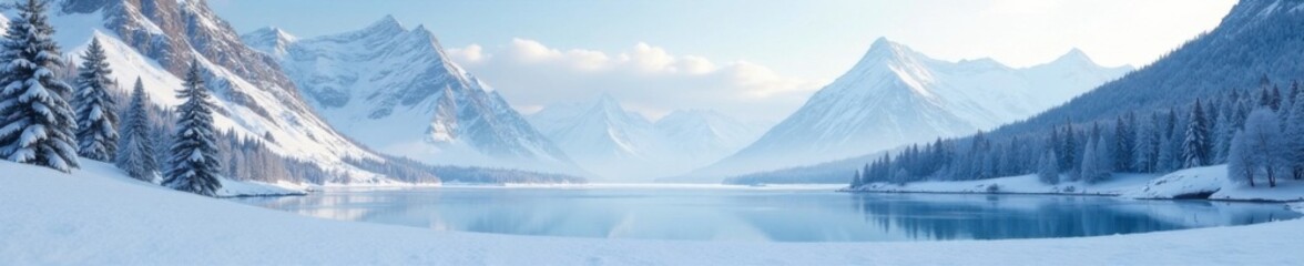 Snow-covered landscape with frozen lake and snow-capped mountains in the background, snow covered trees, frozen lake