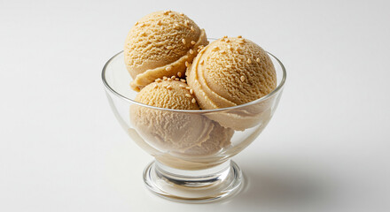 A clear glass bowl holds scoops of delicious sesame ice cream, sprinkled with seeds on a white surface.