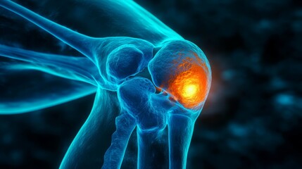 Knee joint anatomy visualization showing bone structure and injury with vibrant colors on a dark background 