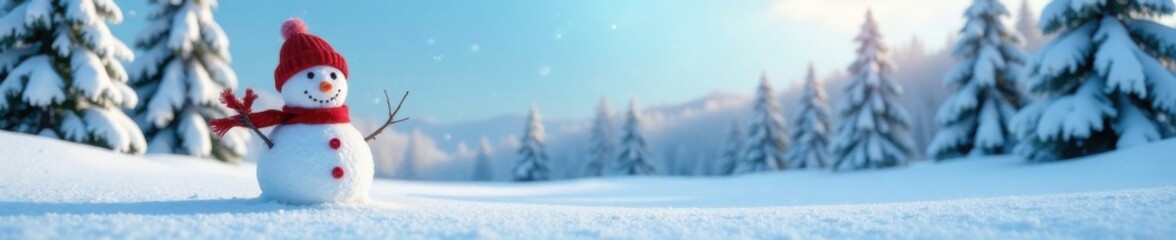 Obraz premium snowman in winter landscape with snow-covered trees and blue sky, whiteout, icy landscape
