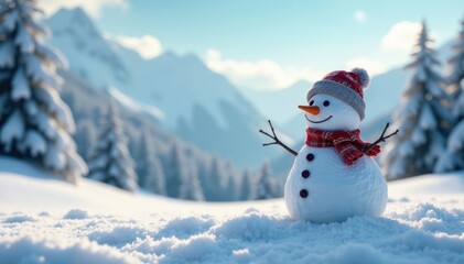 Obraz premium snowman in winter landscape with snow-covered hill, frozen landscape, snowman in winter