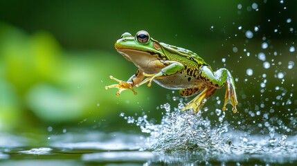A frog is jumping into the water, creating a splash