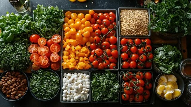 Colorful assortment of fresh produce, grains, and cheese in containers, ready for a healthy meal