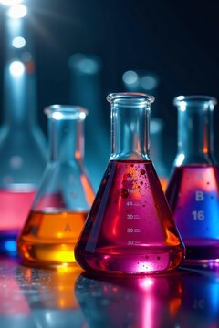 Assortment of test flasks containing different color samples, white background, experiment, chemistry