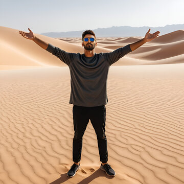 Excided man with spread arms in desert