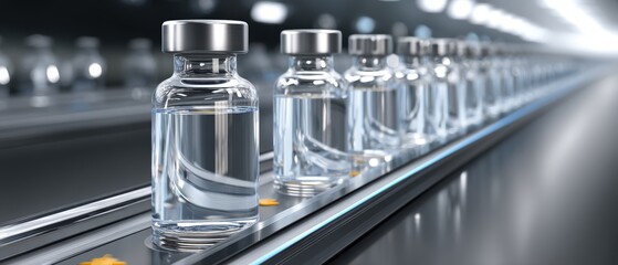 A row of clear glass vials filled with liquid, aligned on a conveyor belt in a modern production facility, reflecting ambient light.