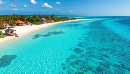 Fototapeta premium Azure waters lap white sand beach dotted with charming bungalows, paradise, drone