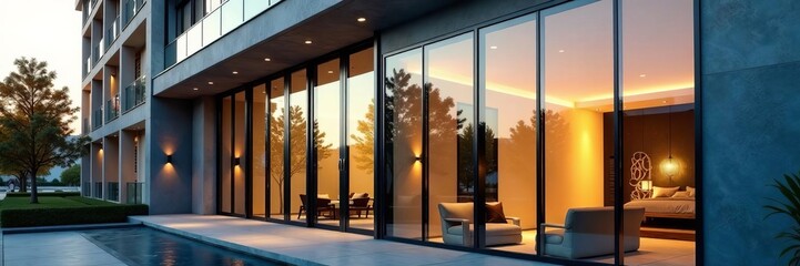 Fototapeta premium Sleek glass windows reflecting sunlight on contemporary hotel facade, Real estate, city
