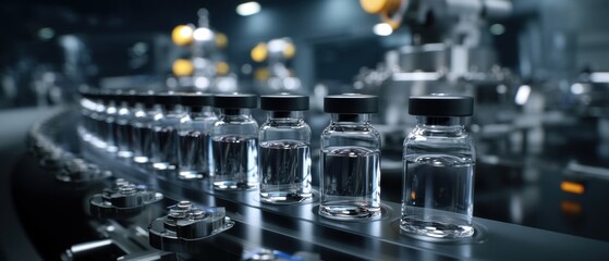 A row of glass vials filled with liquid on a conveyor belt in a modern manufacturing facility, showcasing advanced technology and sterile environment.