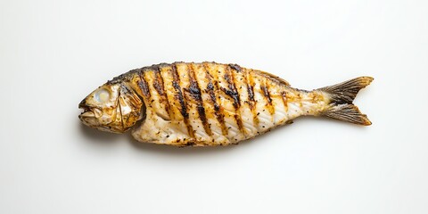 Grilled Fish Presented on a White Surface With Charred Lines and Golden Brown Skin