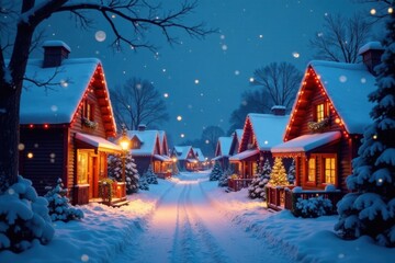Fototapeta premium Snowy village scene with Christmas lights and festive decorations, holiday cheer, winter village
