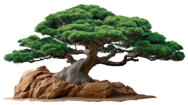 Ancient Bonsai: A venerable bonsai tree, its gnarled trunk and lush green canopy symbolizing resilience and enduring beauty.