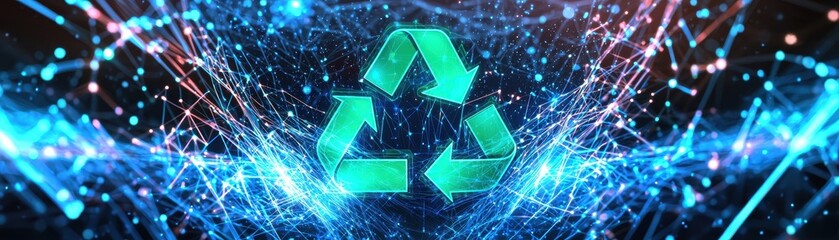 A vibrant digital representation of the recycling symbol, surrounded by interconnected lines and glowing particles, emphasizing sustainability and technology.