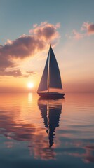 Fototapeta premium Sailboat on tranquil waters: sunset serenity with clean modern design perfect for relaxation travel and summer themes evoking calm and peaceful vibes