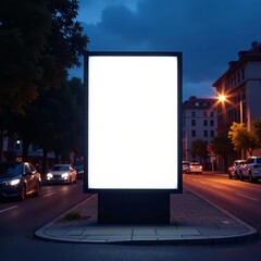 Blank billboard illuminated in evening street lights, billboard, night