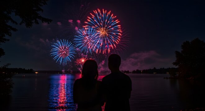 A couple watches fireworks over a lake at night with colorful reflections on the water surface below them